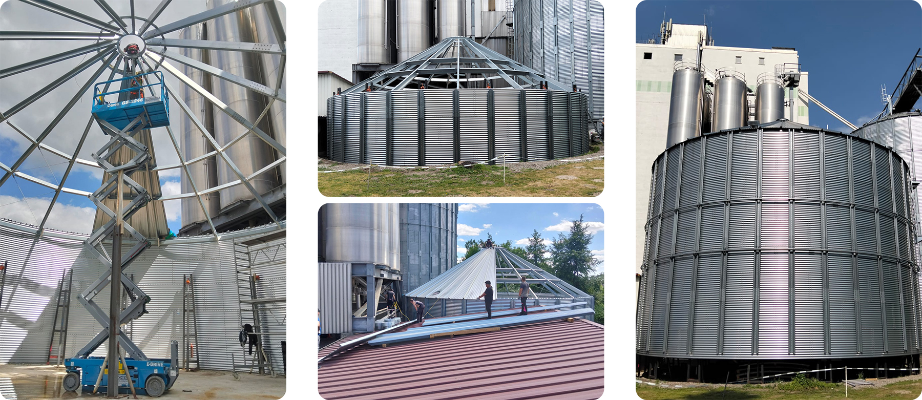 "Interior view of the new steel silo under construction at Walter KG Mühle in Germany, showing the roof support structure and a scissor lift used by workers during the assembly process." "Assembly phase of the steel silo's roof structure at Walter KG Mühle, with the cylindrical base already erected and silo panels secured in place." "Technicians installing the roof sheets of the new silo at Walter KG Mühle using elevated platforms, highlighting the precision and safety measures involved in the process." "Completed steel silo installed by Silos Córdoba at Walter KG Mühle, featuring a 15-meter diameter and 3,814 m³ of storage capacity for wheat."