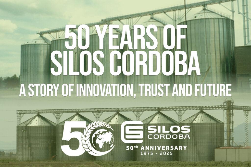 Image of large metal grain silos with the commemorative design for the 50th anniversary of the Silos Córdoba brand (1975–2025). The text highlights “50 Years of Silos Córdoba – A story of innovation, trust and future,” alongside the company logo and the 50th anniversary seal. The image represents the brand’s legacy of innovation, reliability, and commitment to the global agribusiness sector.