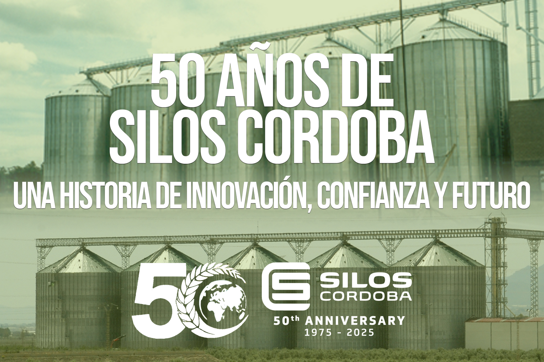 Imagen con silos metálicos de gran capacidad y un diseño conmemorativo del 50 aniversario de la marca Silos Córdoba (1975–2025). El texto destaca: “50 Years of Silos Córdoba – A story of innovation, trust and future”, junto al logotipo de la empresa y el sello de los 50 años. La imagen transmite el legado y compromiso de la marca con el sector agroindustrial.
