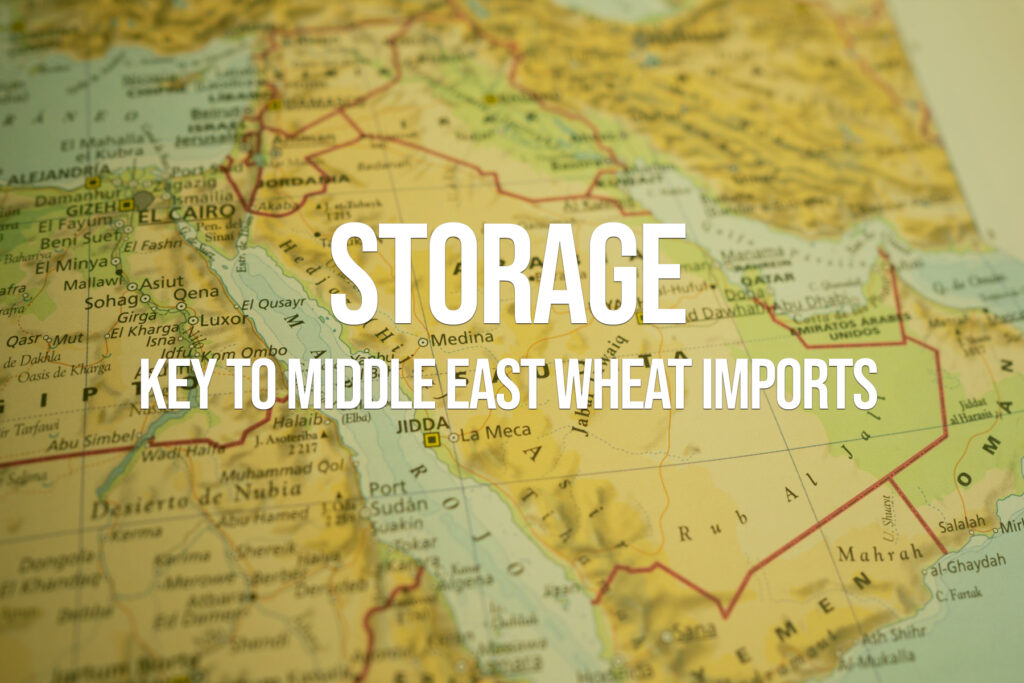 Political map of the Middle East with the text “Storage: Key to Middle East Wheat Imports” overlayed, illustrating the importance of grain storage for regional food security.