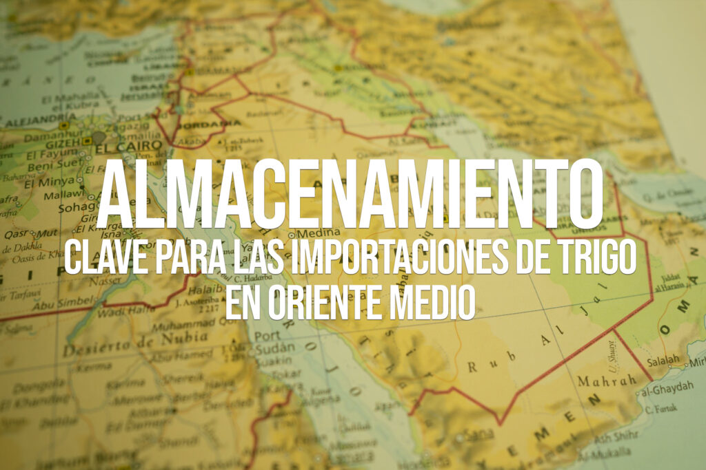 Mapa político de Oriente Medio con el texto “Almacenamiento: clave para las importaciones de trigo en Oriente Medio” superpuesto, que ilustra la importancia del almacenamiento de grano para la seguridad alimentaria regional.