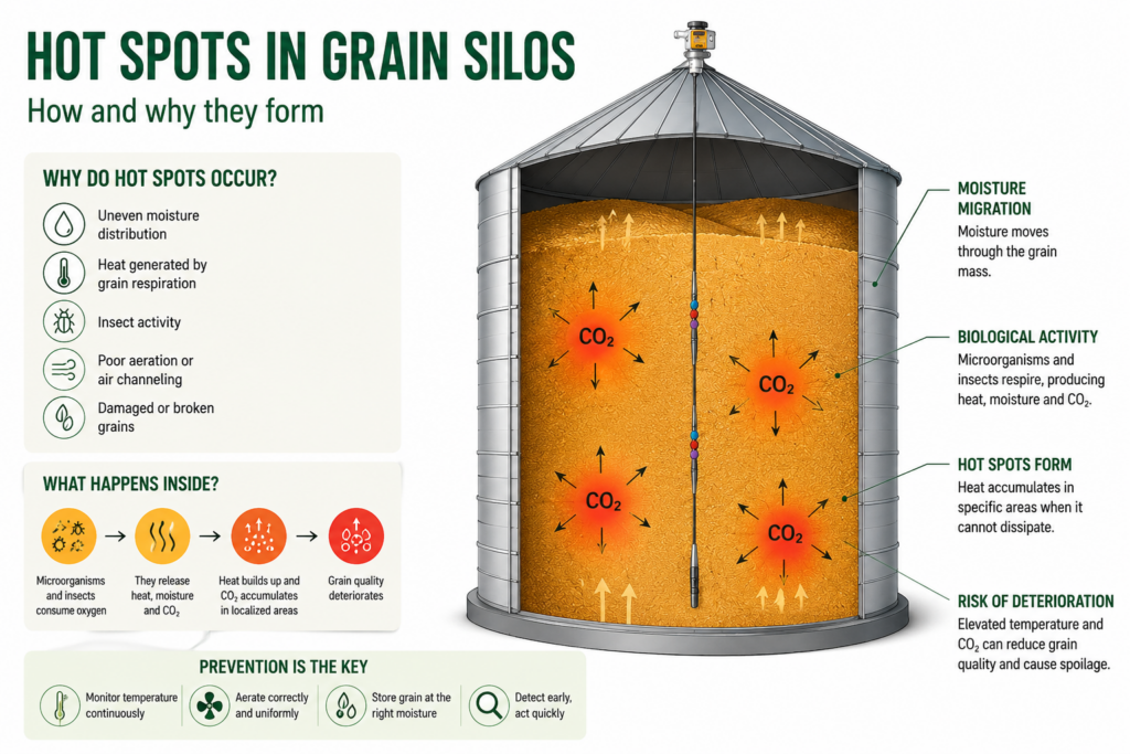 Infographic showing how hot spots develop inside grain silos and how thermometry systems help detect them