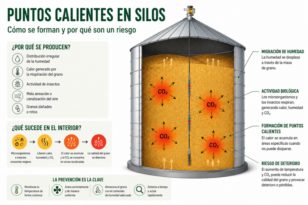 Infografía sobre la formación de puntos calientes en silos de grano y su detección mediante sistemas de termometría